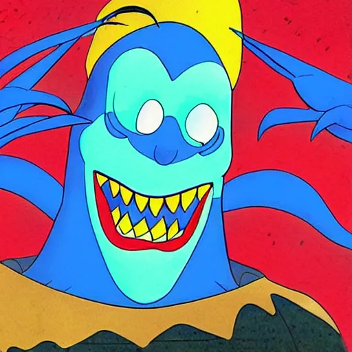 Image similar to sinister looking Blue Meanie from Yellow Submarine in the style of Spawn by Todd McFarlane