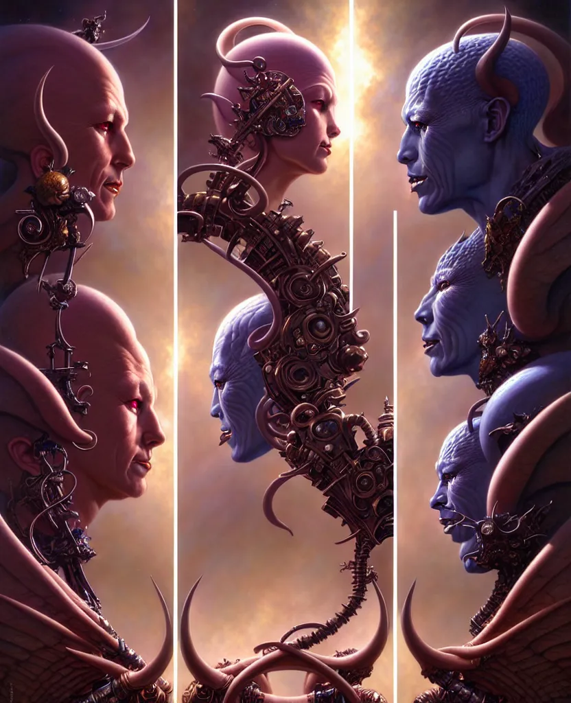 Image similar to beautiful gemini good and evil fantasy character portrait, ultra realistic, wide angle, intricate details, the fifth element artifacts, highly detailed by peter mohrbacher, hajime sorayama, wayne barlowe, boris vallejo, aaron horkey, gaston bussiere, craig mullins