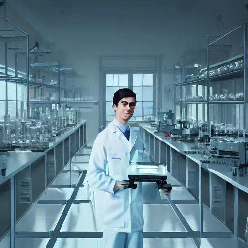 Image similar to a young scientist standing in his laboratory observing a huge complex experiment!!, detailed, volumetric lighting, muted colors, horror movie, 4 k octane render, unreal engine, realistic