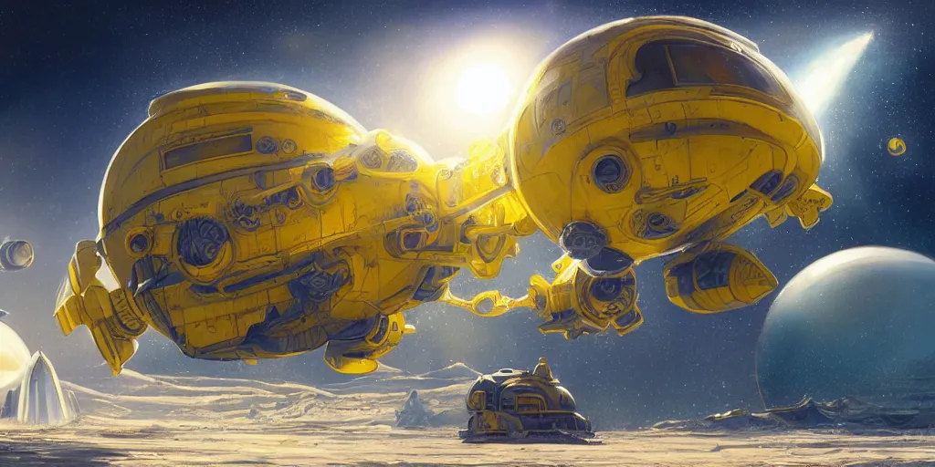 Image similar to legendary space ship, ice fish shape, desert planet, alien technology, cinematic, highly detailed, large blue engines, scifi, yellow windows and details, hyper realism, intricate digital painting, red glow, gigantic landing pad, scifi base, artstation, by johnson ting, jama jurabaev
