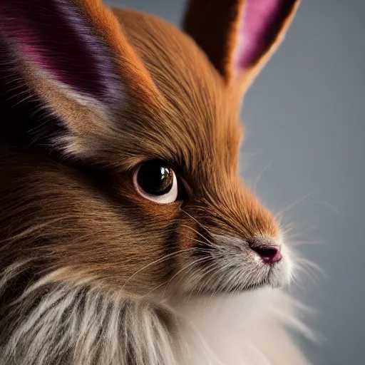 Image similar to close-up photograph of Eevee, incredibly detailed, fluffy fur, very beautiful, studio lighting, 50mm lens