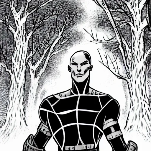 Prompt: A 15 foot tall, muscular, bald, smooth, extremely pale, androgynous humanoid with a perfectly symmetrical face, dressed in black body armour, in the background is a dense and foggy forest of trees. Monochrome, high contrast, comic book,