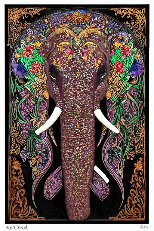 Image similar to Painted dark-wood panel relief carving of a close up of a Flowerpunk Matriarch Elephant, ornate border frame, explosion of colorful flowers, dark wood, intricately carved, black ink, festival of rich colors, intricate details, cinematic lighting, volumetric lighting, post-processing, art nouveau, tarot, fractal art, mandala, by andreas rocha and john howe, and Martin Johnson Heade, featured on artstation, featured on behance, golden ratio, hyper detailed, photorealistic, epic composition, center spotlight, f32, well composed, symmetrical, UE5, 8k