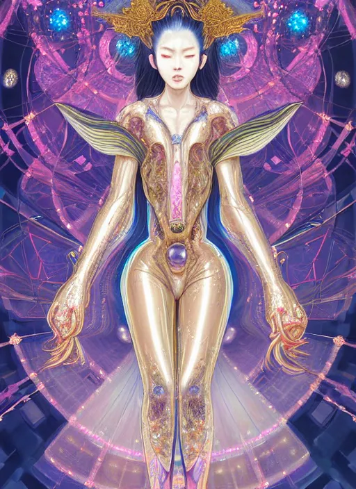 Prompt: porttait of a beautiful celestial Brazilian Japanese pearlescent multiversal Goddess wearing a futuristic luxurious Renaissance suit exposed in cryo chambers by James Jean, ethereal and mecha theme, intricate, elegant, highly detailed, centered, digital painting, lush Japanese landscape, sakura season, Kyoto inspired, artstation, concept art, smooth, sharp focus, illustration, by Peter Mohrbacher, WLOP, close-up, feminine slim figure, fancy