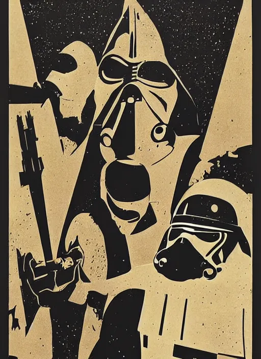 Prompt: a mid - century modern vintage lifelike illustration, screen printed, textured, paper texture, of star wars by saul bass