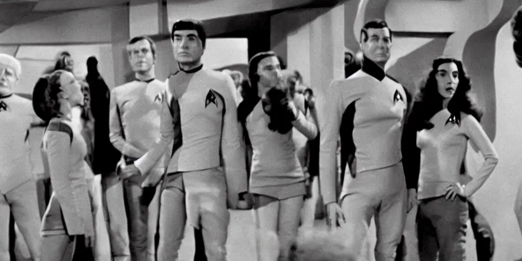 Prompt: a scene from Trouble with Tribbles!!! an episode of the original Star Trek series, with Gal Gadot, in Starfleet uniform, in the role of Captain Kirk