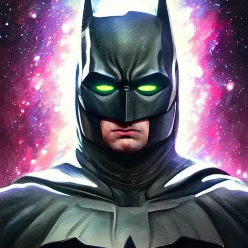 Image similar to Portrait of cosmic Batman, Batsuit made of stars, galaxies, nebulas, intricate, cinematic lighting, highly detailed, digital painting, artstation, concept art, smooth, sharp focus, illustration, art by Artgerm and Greg Rutkowski