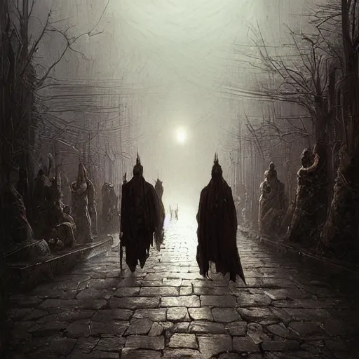 Image similar to The march of the dead, horror, intricate, moody, highly detailed, artstation, concept art, smooth, sharp focus, illustration, art by greg rutkowski and orientalism and bouguereau and Zdzislaw Beksinski, Dungeons & Dragons, good clear quality, lighting, biology, symmetrical artwork, evil, 135 mm, cinematic, hyper realism, high detail, octane render, 8k, chrome accents