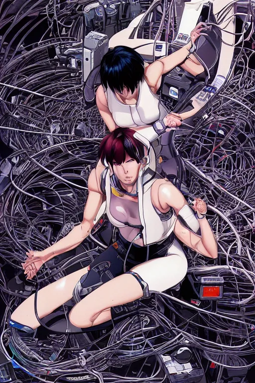 Prompt: super coherent motoko kusanagi kneeling on a white in style of masamune shirow, empty floor, with a mess of wires and cables coming out of her head and backside, by Yukito Kishiro and katsuhiro otomo, illustration, cyberpunk, hyper-detailed, colorful, complex, intricate, masterpiece, epic