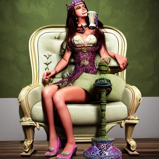 Image similar to princess of cannabis, extremely realistic, sitting a throne made of hemp, smoking a bowl from a huge bong