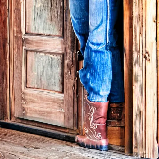 Image similar to cowgirl leaning up against the door frame of saloon with one thumb hooked on belt loop