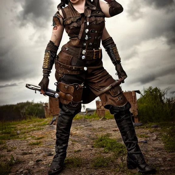 Image similar to full length photo of a very beautiful female dieselpunk warrior, 8 k, hdr, smooth, sharp focus, high resolution, award - winning photo