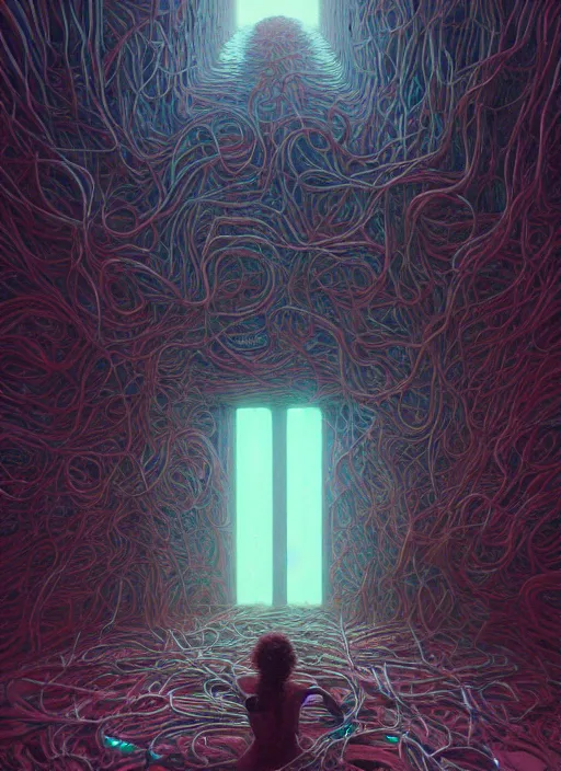 Image similar to A wall made out of eyes, flat, neon, RGB, glowing wires everywhere, pristine, by Edgar Maxence and Ross Tran, Zdzisław Beksiński, and Michael Whelan, gustav dore, H.R. Giger, 8k, octane render