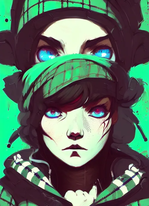 Image similar to highly detailed portrait of a sewer punk lady student, blue eyes, tartan hoody, black hair by atey ghailan, by greg rutkowski, by greg tocchini, by james gilleard, by joe fenton, by kaethe butcher, gradient green, black, brown and magenta color scheme, grunge aesthetic!!! ( ( graffiti tag wall background ) )