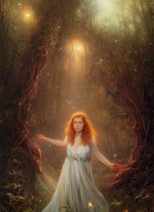 Prompt: Amy Adams staring into the camera, misty wisps, fireflies, Lilia Alvarado, Sophie Anderson, Mark Arian, Bob Byerley, Charlie Bowater, Mark Brooks, Steve Henderson, Justin Gerard, Arthur Hughes, Edward Robert Hughes, Mark Keathley, Victor Nizovtsev, Carlos Shwabe, Ross Tran, WLOP