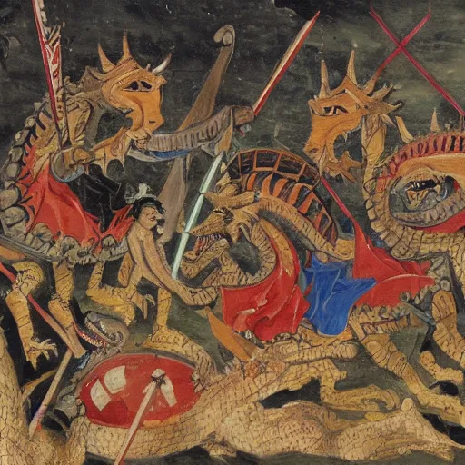 Prompt: A party of knights fighting a dragon, oil painting, 12th century