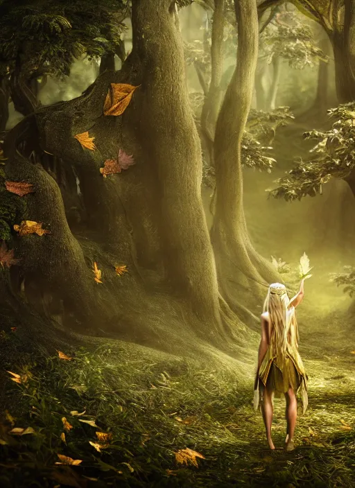 Image similar to magical forest with gold and silver leafs, music, girl with blond long hair back view, elves, lord of the rings style, ultra detailed, trending on artstation, concept art, octane render, unreal engine,