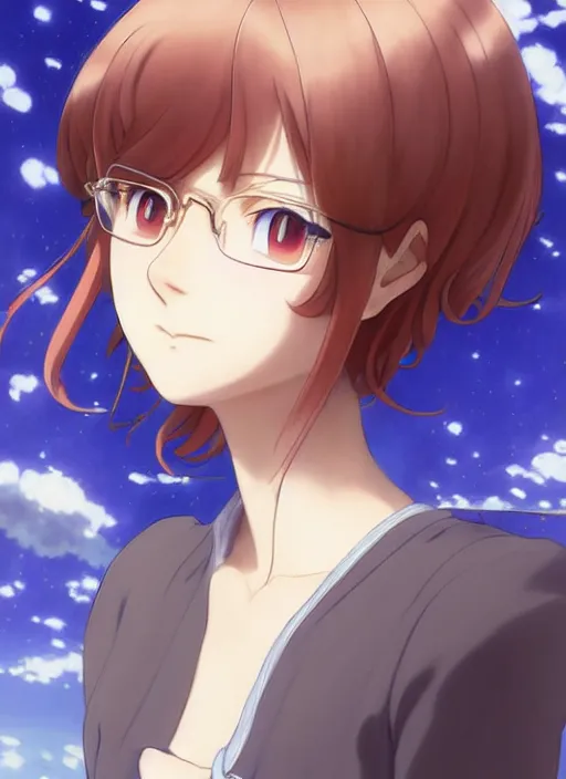 Prompt: Painting of grown-up Velma Dinkley in the style of Violet Evergarden, beautiful anime art style, winged eyelashes, countryside, calm, fantasy character portrait, dark outlines, dynamic pose, above view, sunny day, artwork by Makoto Shinkai, very coherent asymmetrical artwork, sharp edges, perfect face, simple form, 100mm