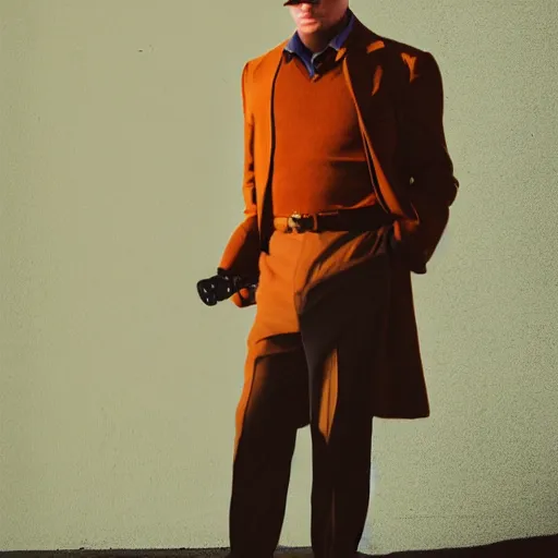 Prompt: private detective. navy and burnt orange hues. dramatic shadows, shallow depth of field, split lighting