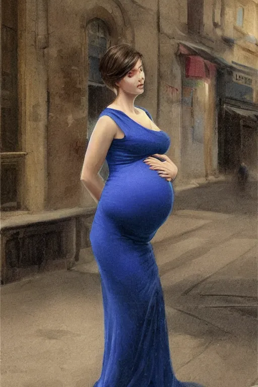 Prompt: pregnant woman in a small blue dress on night street, highly detailed, sharp focused, ultra realistic digital concept art by Edwin Longsden Long