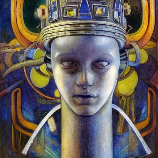 Image similar to the robot crown, by Annie Swynnerton and Diego Rivera , symbolist, dramatic lighting, elaborate geometric ornament, Art Brut, god rays, soft cool colors,smooth, sharp focus, extremely detailed, Adolf Wölfli and (Donato Giancola)