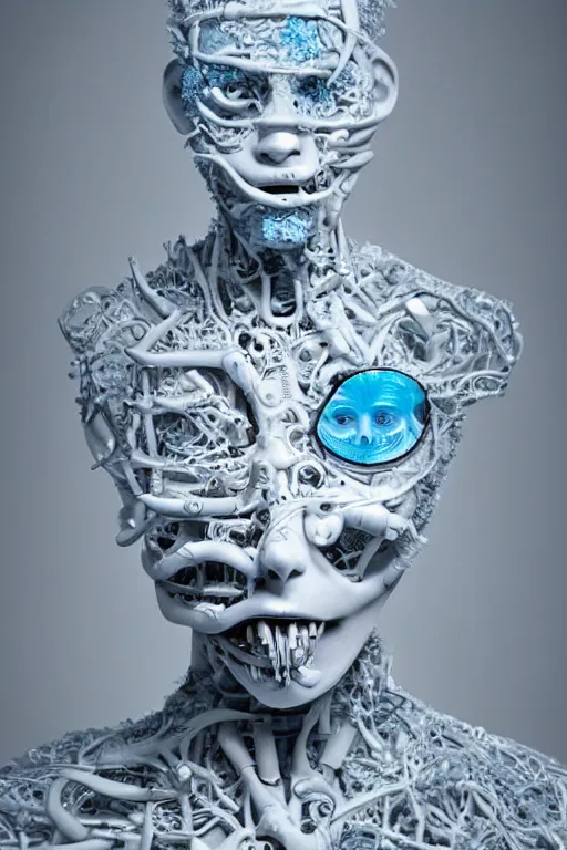 Image similar to full head and shoulders ballerina, monster with 3 d smooth, long blue hair, delicate facial features, white eyes, white lashes, detailed white, lots of 3 d cyborg elements, prosthetic, anatomical, all white features on a white background, by daniel arsham and james jean