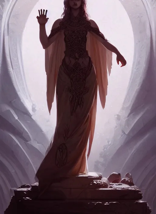 Prompt: portrait of a beautiful daemon in a flowing dress, carving runes into a profane altar, intricate, elegant, highly detailed, digital painting, artstation, concept art, smooth, sharp focus, illustration, art by wlop, mars ravelo and greg rutkowski