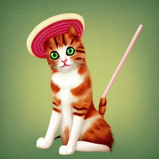 Prompt: cute cat with a straw hat and a pitchfork digital art