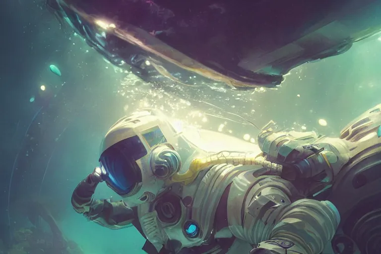 Image similar to futuristic astronaut underwater in the ocean at night, volumetric lighting, glowing lights, 4k, octane, digital painting, artstation, concept art, sharp focus, illustration, art by artgerm and greg rutkowski and alphonse mucha