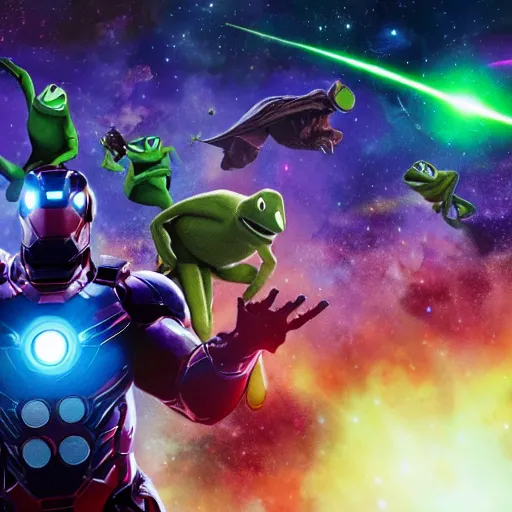 Image similar to the avengers battle one kermit the frog in space, galaxy, hd, 8 k, explosions, gunfire, lasers, giant, epic, showdown, colorful, realistic photo, unreal engine, stars, prophecy, epic oil painting, powerful, diffused lighting, destroyed planet, debris, justice league, movie poster, violent,