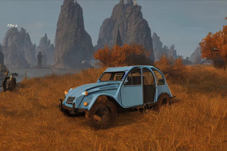 Image similar to offroad citroen 2 cv ( 1 9 6 5 ) driving across the rift, riften city in the background, epic fantasy, autumn, the elder scrolls v : skyrim, dramatic lighting, establishing shot, by simon stalenhag