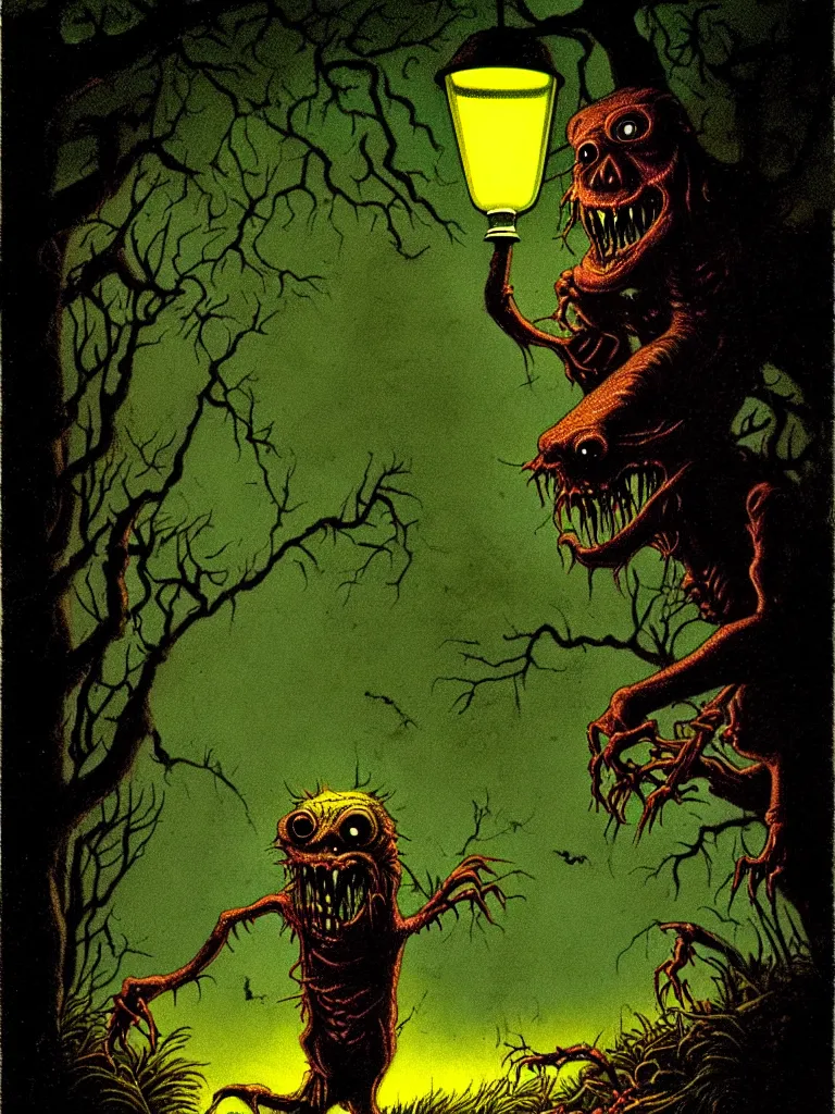 Image similar to Full Color Vintage Horror Illustration of a Creature Coming out of the bushes at night. Streetlight Glowing , Spooky lighting , Pinterest