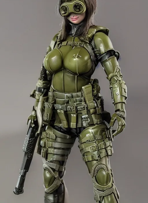 Prompt: 80mm resin detailed miniature of a beautiful young female, clothed in stealth armor, night-vision goggles, olive skin, long dark hair, beautiful bone structure, symmetrical facial features, Product Introduction Photos, 4K, Full body