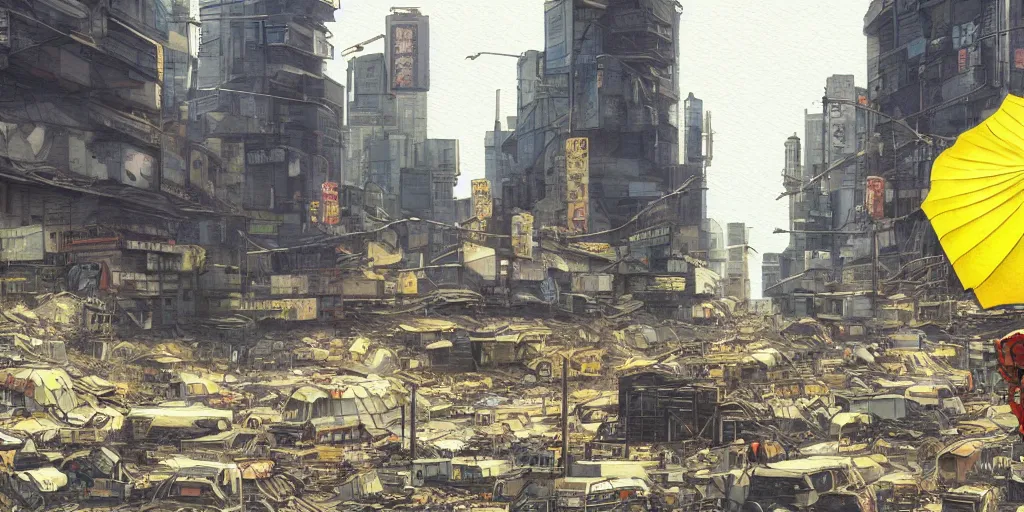Prompt: a giant robot invasion side view, yellow parasol in deserted dusty shinjuku junk town, incredible wide screenshot, ultrawide, simple watercolor, rough paper texture, ghost in the shell movie scene, broken vending machines, bold graphic graffiti, old pawn shop, bright sun bleached ground, mud, fog, dust, windy, scary robot monster lurks in the background, ghost mask, teeth, animatronic, black smoke, pale beige sky, junk tv, texture, brown mud, dust, tangled overhead wires, telephone pole, dusty, dry, pencil marks, genius party, shinjuku, koji morimoto, katsuya terada, masamune shirow, tatsuyuki tanaka hd, 4k, remaster, dynamic camera angle, deep 3 point perspective, fish eye, dynamic scene