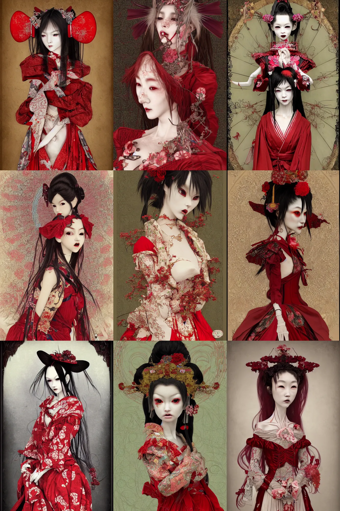 Prompt: photorealistic image of a emaciated japanese bjd geisha vampire witch with a long neck in a victorian lolita fashion red dress in the style of cosmic horror by nekro, alphonse mucha, dmt art, symmetrical vogue face portrait, intricate detail, cgsociety, rococo