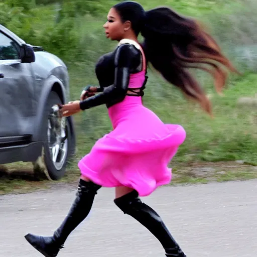 Prompt: paparazzi photo ofnicki minaj running away from a horse