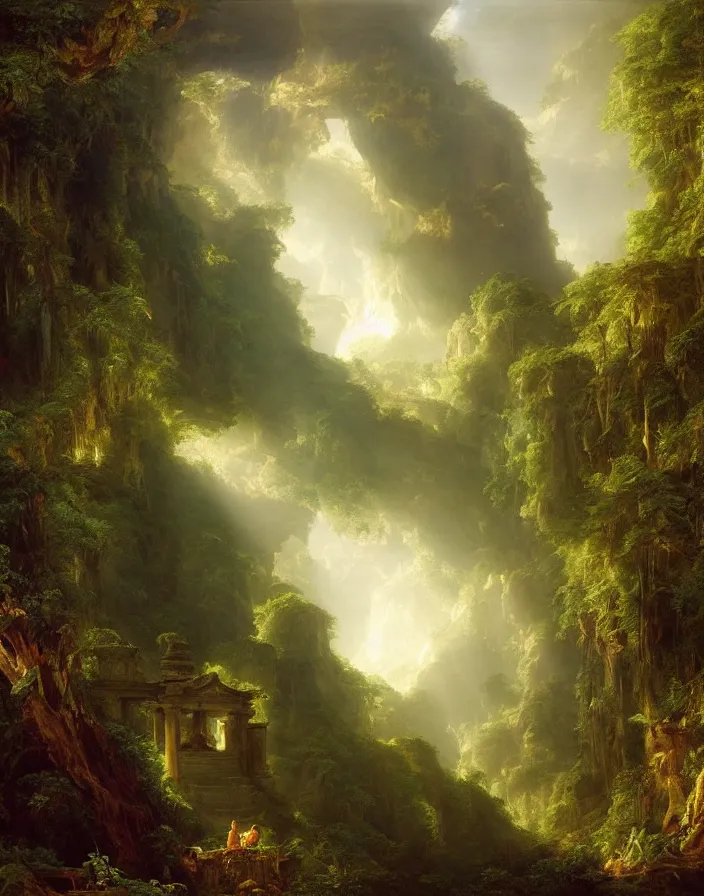Prompt: an ancient temple lost in a gigantic forest by thomas cole, painting, cinematography, epic lighting,