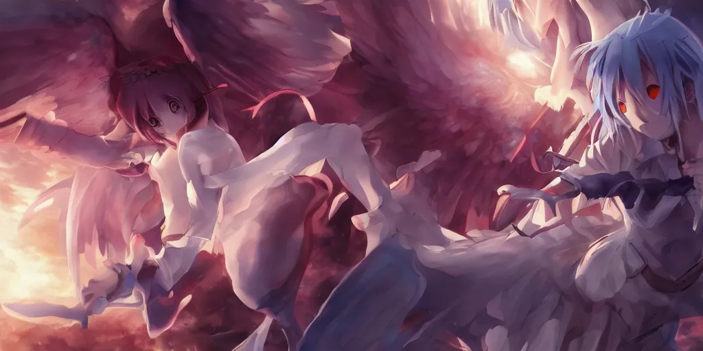 Image similar to a battle between an angel!!!!!!! anime girl and a demon made out of crystal!!!!!!!!, wide angle, cinematic lighting, highly detailed, official media, Sakimichan