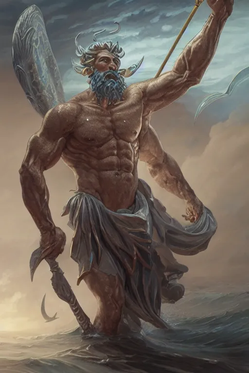 Image similar to poseidon humanoid god of the sea, trident, highly detailed, d & d, fantasy, highly detailed, digital painting, trending on artstation, concept art, sharp focus, illustration, art by artgerm and greg rutkowski and magali villeneuve