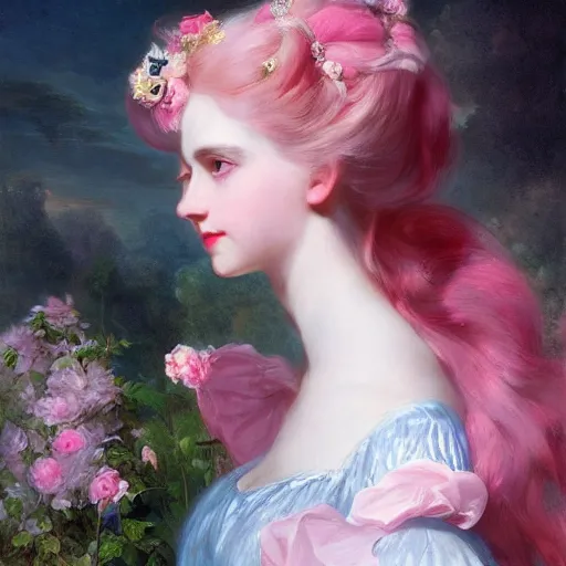 Image similar to Alice in Wonderland,a portrait of a beautiful Pink hair girl,Diamonds Blaze,Rose twining,luxuriant,dreamy, eternity, romantic,highly detailed,in the style of Franz Xaver Winterhalter, highly detailed,in the style of Aetherpunk