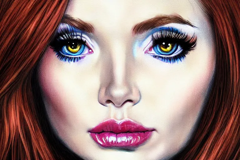 Prompt: sultry look in her eyes Karen Gillan close-up portrait looking straight on, complex artistic color pencil sketch illustration, full detail, gentle shadowing, fully immersive reflections and particle effects, chromatic aberration.