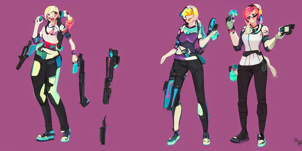 Image similar to character concept art of a mid 2 0's female casual themed outfit, colorful, no helmet, by qui fang and daryl tan, overwatch, studio trigger