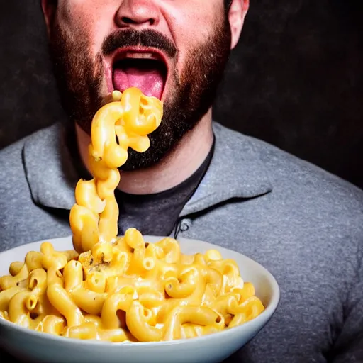 Prompt: a stream of mac n' cheese flowing out of a man's mouth into a huge bowl. His eyes are red from crying. photograph.