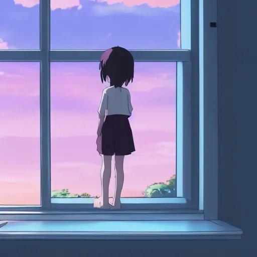 Image similar to A lonely child cries because it has no friends, Makoto Shinkai style, interior, sunset out the window