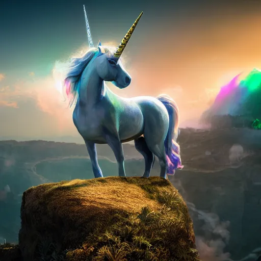 Prompt: a iridescent unicorn looking off a cliff overlooking a city covered in toxic smog, ultra realistic, concept art, intricate details, highly detailed, photorealistic, octane render, 8 k, fantasy art