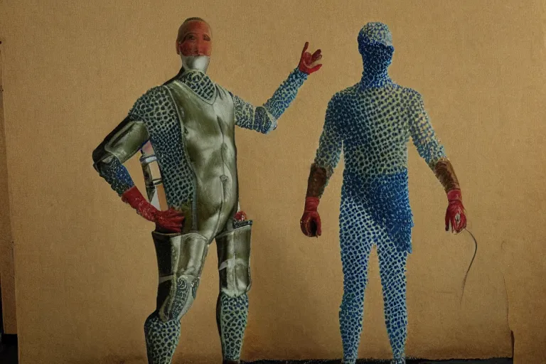 Prompt: a scene depicting a character wearing a diy suit made from silk and transparent plastic, pointillism, full body, super detailed, soft light