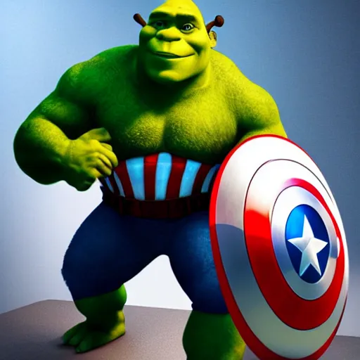 Image similar to digital painting of Shrek as Captain America, octane render, volumetric lightening, by marvel