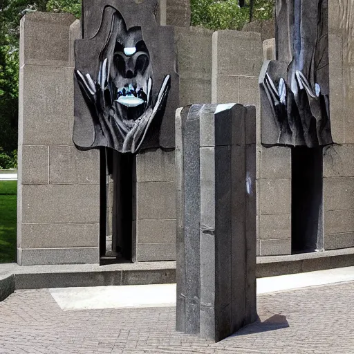 Image similar to distorted by nobuo sekine. in the center of the street art is a large gateway that seems to lead into abyss of darkness. on either side of the gateway are two figures, one a demon - like creature, the other a skeletal figure.