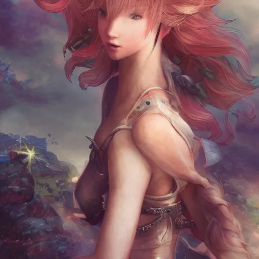 Prompt: a mix between dove cameron and taylor swift as terra from final fantasy 3, color page, tankoban, 4 k, tone mapping, akihiko yoshida, james jean andrei riabovitchev marc simonetti, yoshitaka amano, long hair, curly, h. hydrochaeri