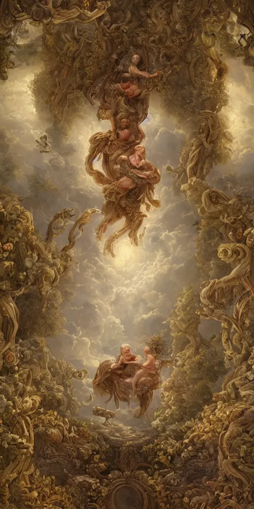 Image similar to a stunning and noble highly detailed romantic period style painting of the place where gods come into being by james jean, josep tapiro baro and harles sillem lidderdale, trending on artstation, oil painting masterpiece, symmetry, rule of thirds, mysterious
